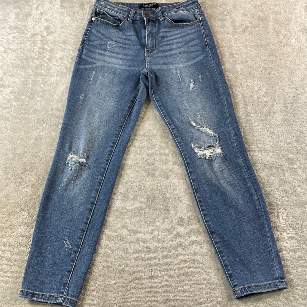 Judy Blue Jeans Womens 28‎ Relaxed Distressed Mom Preppy Whiskers Casual Stretch